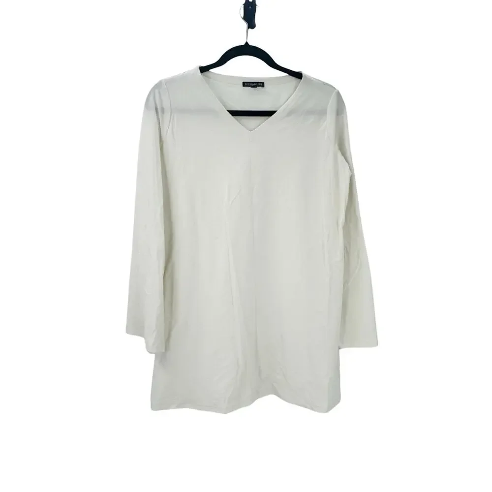 Eileen Fisher Women's V-Neck Stretch Jersey Tunic Top Long Sleeve White Size S